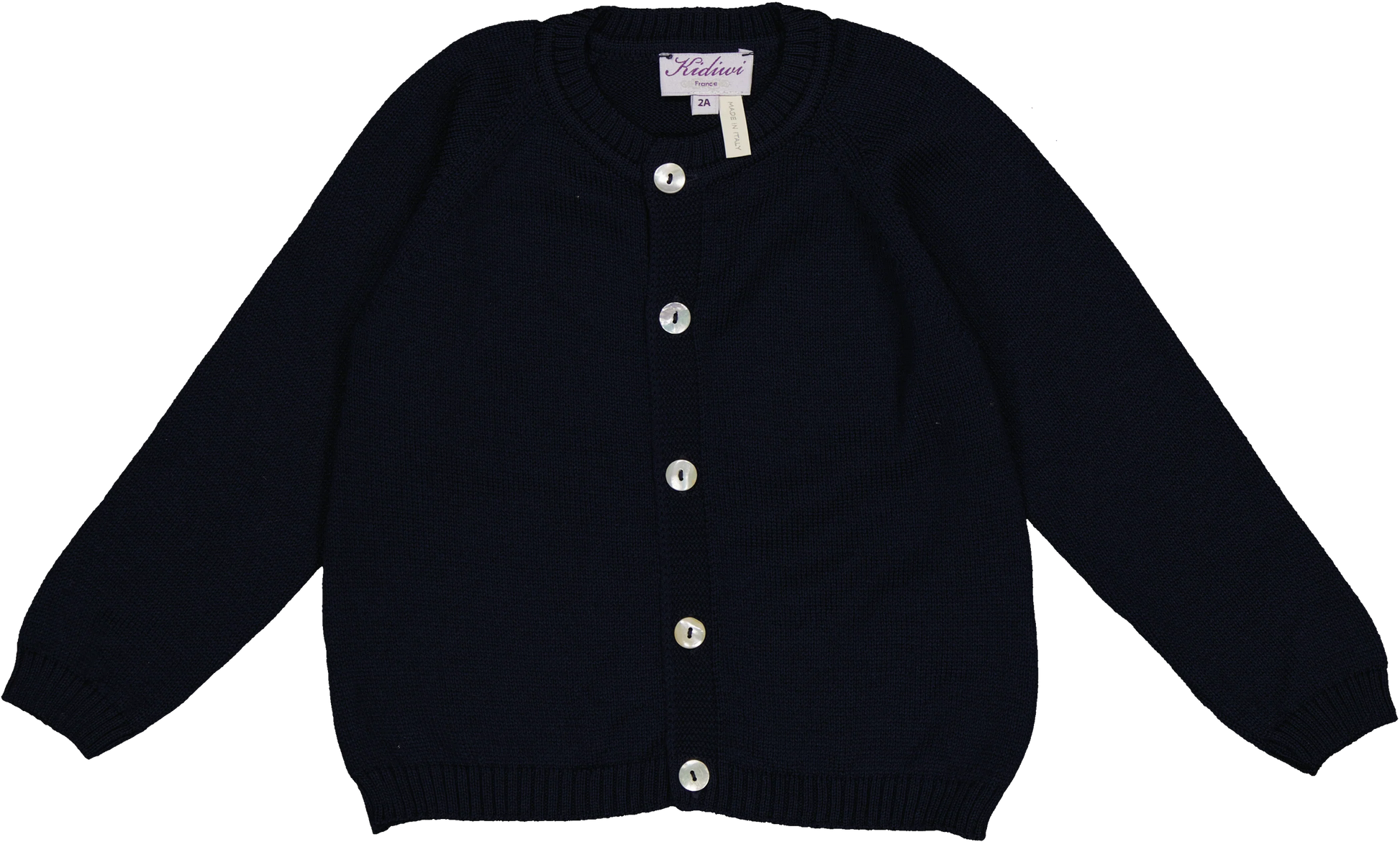 The Kidiwi Baby Girls' and Girls' Alenza Merino Wool Round Neck Cardigan, in navy blue with long sleeves and ribbed collar, cuffs, and hem, is breathable, temperature-regulating, and shown flat on a white background.