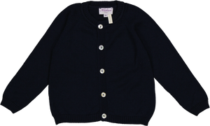 The Kidiwi Baby Girls' and Girls' Alenza Merino Wool Round Neck Cardigan, in navy blue with long sleeves and ribbed collar, cuffs, and hem, is breathable, temperature-regulating, and shown flat on a white background.