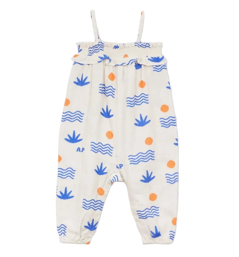 The Arsene & Les Pipelettes Baby Girls' Aloe Overalls are crafted from GOTS-certified organic cotton and adorned with playful blue waves, blue plant motifs, and cheerful orange dots. Designed with shoulder straps and a ruffled top edge, these stylish overalls offer a modern twist on the classic romper.