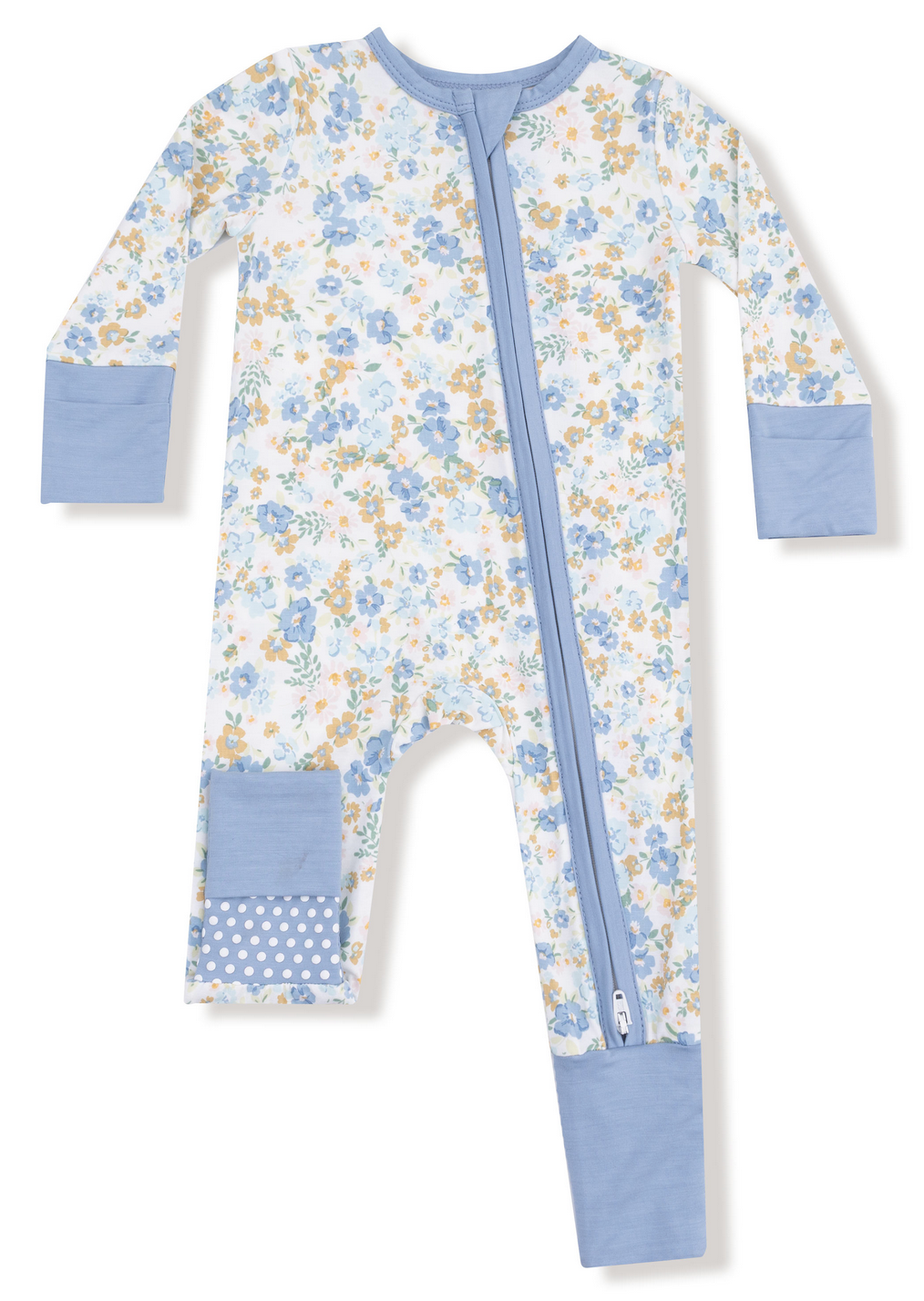 The Angel Dear Baby 2-Way Zipper Romper features soft bamboo fiber, a blue floral print, blue cuffs, a diagonal blue zip, and a blue leg patch with white polka dots—ideal as cozy PJs for your little one.