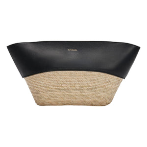 The Altuzarra Basket Clutch showcases black leather trim at the top, woven construction below, and a small gold Altuzarra logo centered at the top.