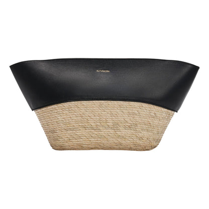 The Altuzarra Basket Clutch showcases black leather trim at the top, woven construction below, and a small gold Altuzarra logo centered at the top.