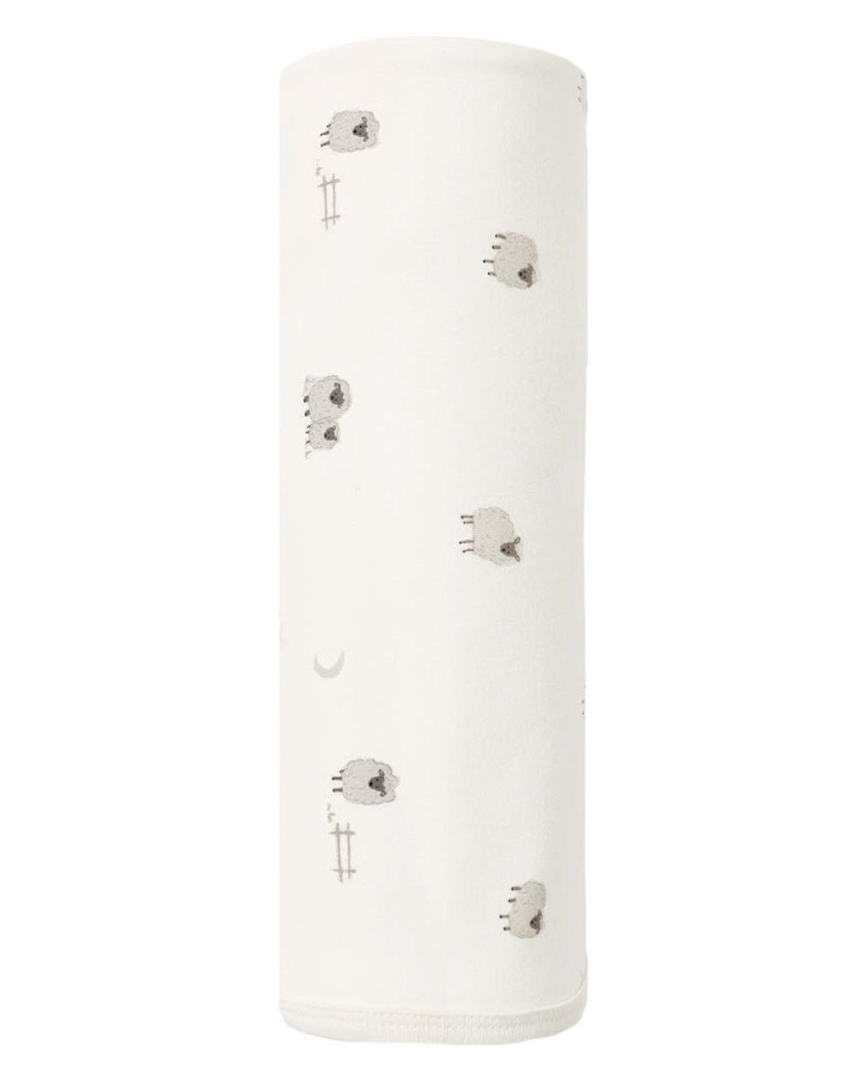 A soft, rolled-up Swaddle by Quincy Mae, made from organic brushed jersey for ultimate comfort, featuring a white background with a pattern of small gray sheep, fences, and crescent moons.