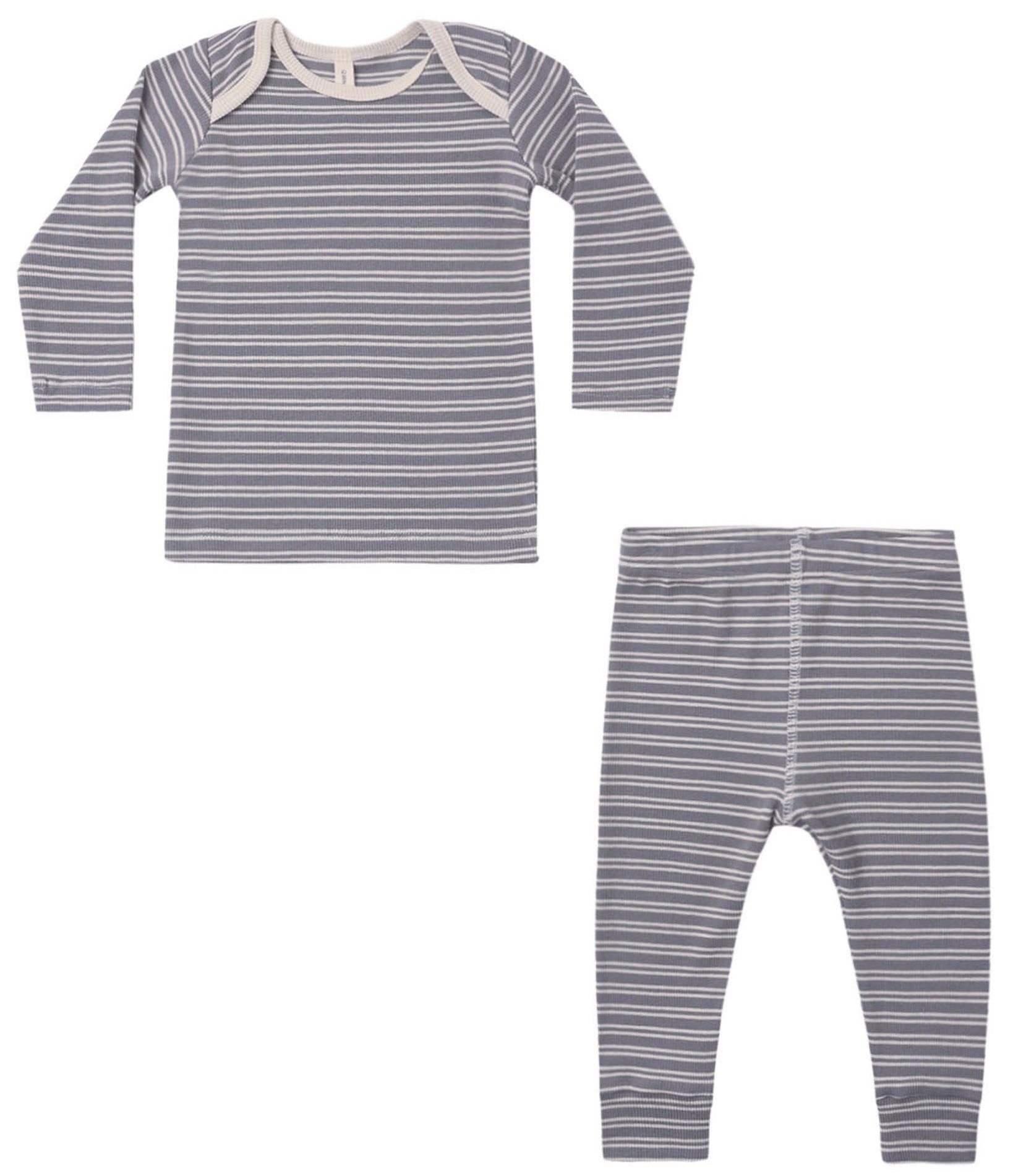 The Quincy Mae Baby and Kids’ Ribbed Tee + Legging Set, featuring a slim-fit long sleeve gray and white striped top with matching pants, is crafted from soft organic rib knit and displayed laid flat on a white background.