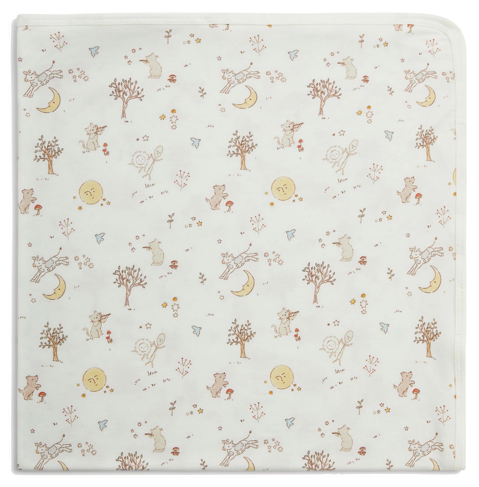 The Magnetic Me Bedtime Rhymes Modal Blanket features a whimsical print of animals, trees, moons, suns, and leaves in gentle brown, yellow, and orange hues. Made from temperature-regulating modal fabric, it’s perfect for keeping your baby comfortable during strolls or naptime.