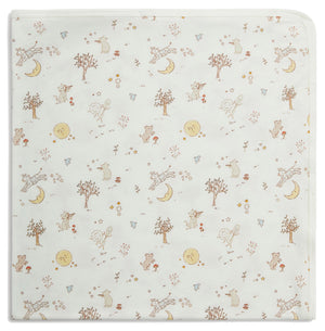 The Magnetic Me Bedtime Rhymes Modal Blanket features a whimsical print of animals, trees, moons, suns, and leaves in gentle brown, yellow, and orange hues. Made from temperature-regulating modal fabric, it’s perfect for keeping your baby comfortable during strolls or naptime.