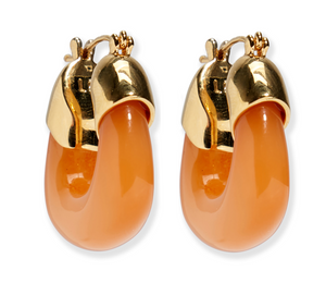 The Lizzie Fortunato Organic Mini Gold Hoops are glossy gold and orange earrings, crafted from gold-plated brass with a sleek gold clasp.