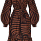 The rear view of the Andres Otalora De Mi Vida Dress showcases a long-sleeve design with a black and brown abstract stripe pattern, featuring balloon sleeves, a belted waist, and a ruffled hem. The elegant design is further highlighted by its sophisticated A-line silhouette.