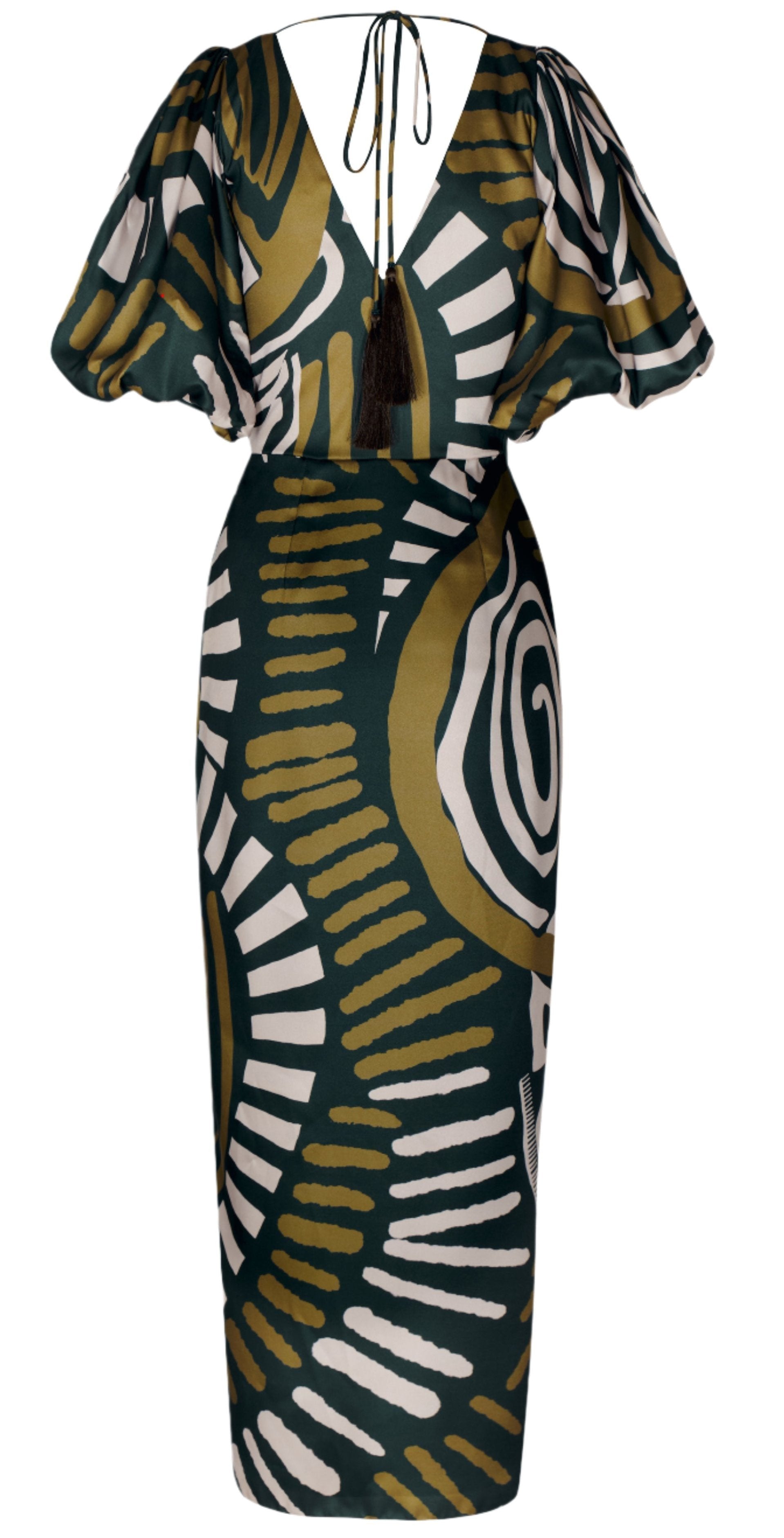 The Andres Otalora Cada Instante Dress is a knee-length marvel made from recycled polyester, featuring an abstract swirl pattern in green, white, and mustard. It comes with short puffed sleeves and a deep V-neck, accented by an elegant tie detail at the back.