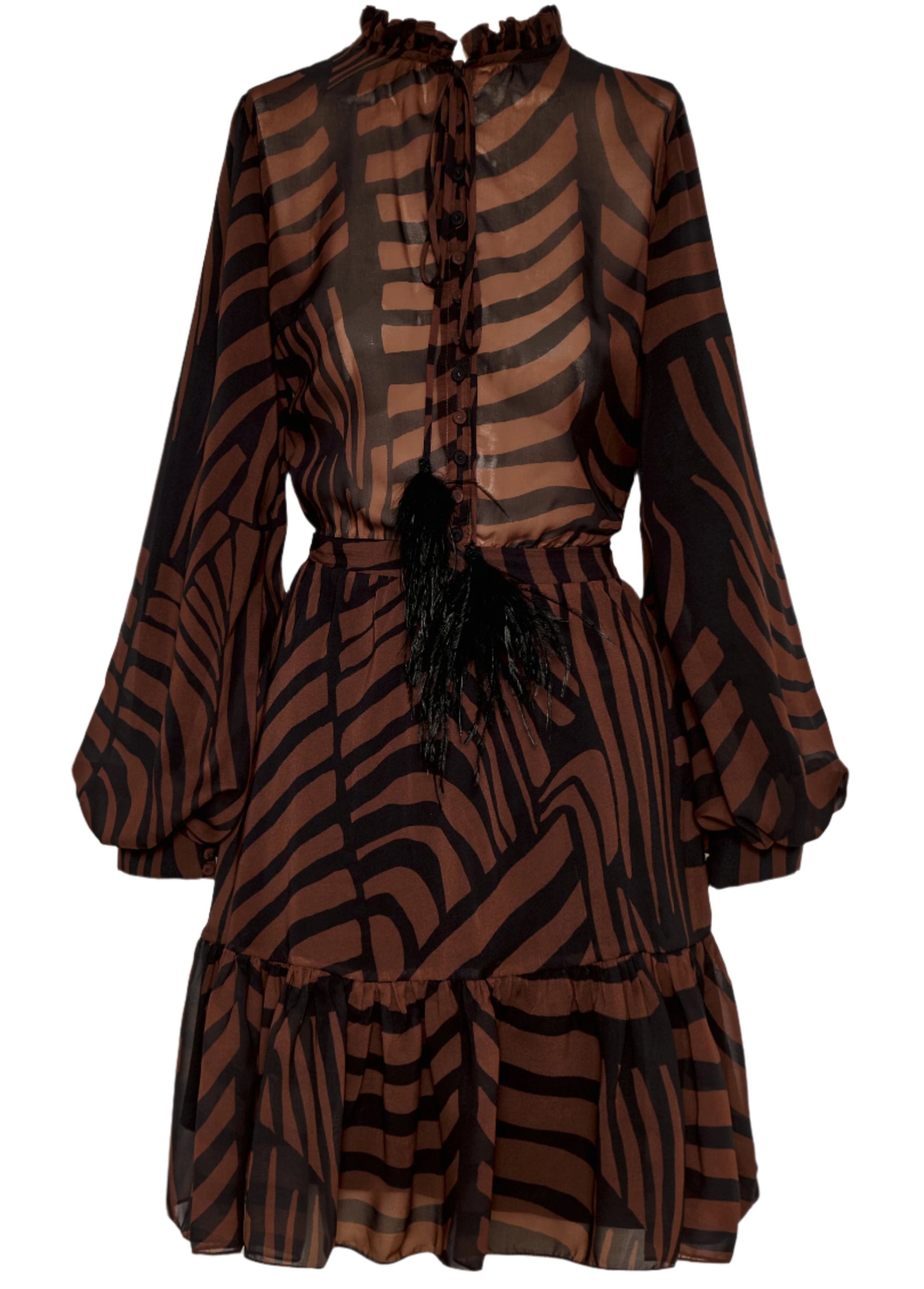 The Andres Otalora Roa Mini Dress by Andres Otalora is a zebra-print sheer dress in shades of brown and black, made from recycled polyester. It features a v-neck, long sleeves, ruffled neckline, button details, and an A-line silhouette with a tiered skirt.