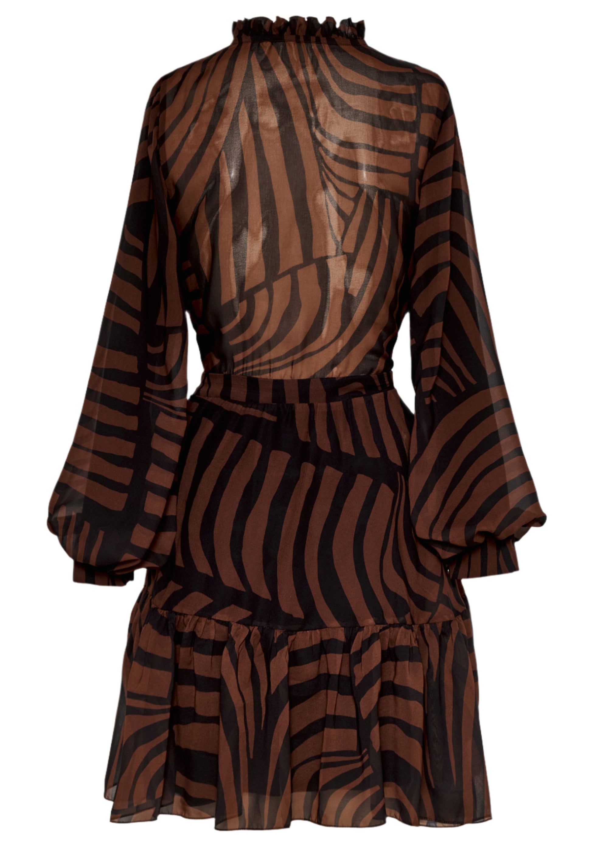 The Andres Otalora Roa Mini Dress by Andres Otalora is a sheer dress in brown and black stripes, featuring long sleeves and a high ruffled neckline. Crafted from recycled polyester, it showcases a fitted waist and ruffled hem, blending elegance with eco-conscious design.