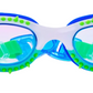 Bling2O’s Kids' Jurassic Dive Goggles feature playful blue and green frames accented with decorative spikes and cartoon eyes on the sides, capturing a whimsical prehistoric style—making them the ideal swim accessory for kids, as shown against a white background.