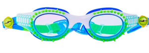 Bling2O’s Kids' Jurassic Dive Goggles feature playful blue and green frames accented with decorative spikes and cartoon eyes on the sides, capturing a whimsical prehistoric style—making them the ideal swim accessory for kids, as shown against a white background.