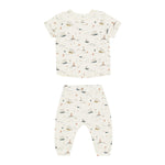 Rylee & Cru Baby Boys' & Boys' Tee + Slouch Pant Set features ultra-soft cotton jersey and a nautical print of ships, lighthouses, and ocean motifs on a white background, perfect for baby sizes.