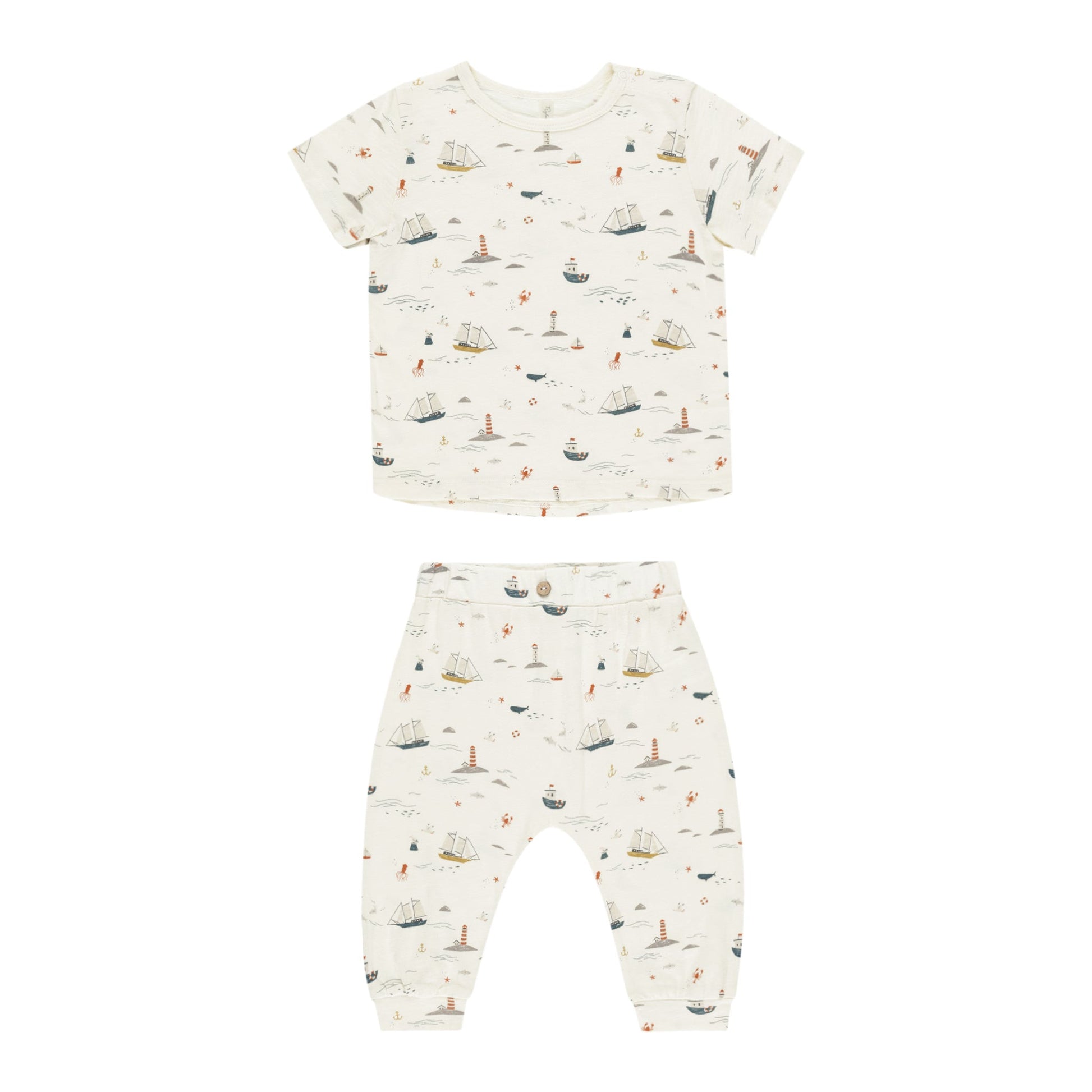 Rylee & Cru Baby Boys' & Boys' Tee + Slouch Pant Set features ultra-soft cotton jersey and a nautical print of ships, lighthouses, and ocean motifs on a white background, perfect for baby sizes.