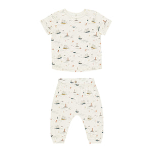 Rylee & Cru Baby Boys' & Boys' Tee + Slouch Pant Set features ultra-soft cotton jersey and a nautical print of ships, lighthouses, and ocean motifs on a white background, perfect for baby sizes.