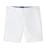 The Peter Millar Surge Short: white, knee-length, water-resistant shorts with belt loops, front pockets, and a button closure—versatile performance apparel for any activity.