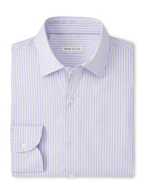 The Peter Millar Langley Crown Lite Cotton-Stretch Sport Shirt is a long-sleeve button-up with light purple and white stripes, made from easy-care stretch cotton twill.