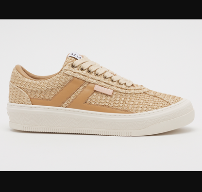 The Cash Sneakers by Lanvin are beige low-top sneakers featuring a woven texture, tan leather accents, and a white sole that perfectly embodies urban contemporary style.