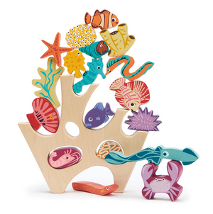 The Stacking Coral Reef by Tender Leaf Toys features beautifully crafted wooden sea creatures—including fish, crab, coral, and shells—that can be stacked on and around a tree-shaped stand against a white background, making this delightful set the perfect wooden stacking toy for any little ocean lover.