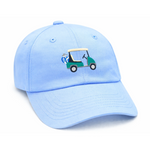 The Bits & Bows Golf Cart Hat features a light blue design with an embroidered green golf cart and golf bag on the front—an ideal accessory to elevate your golf style or enhance your collection of fairway essentials.
