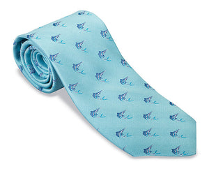 R. Hanauer Marlins Necktie by R. Hanauer, a 57-inch light blue rolled silk necktie featuring a pattern of small blue marlin fish. Made in the USA.