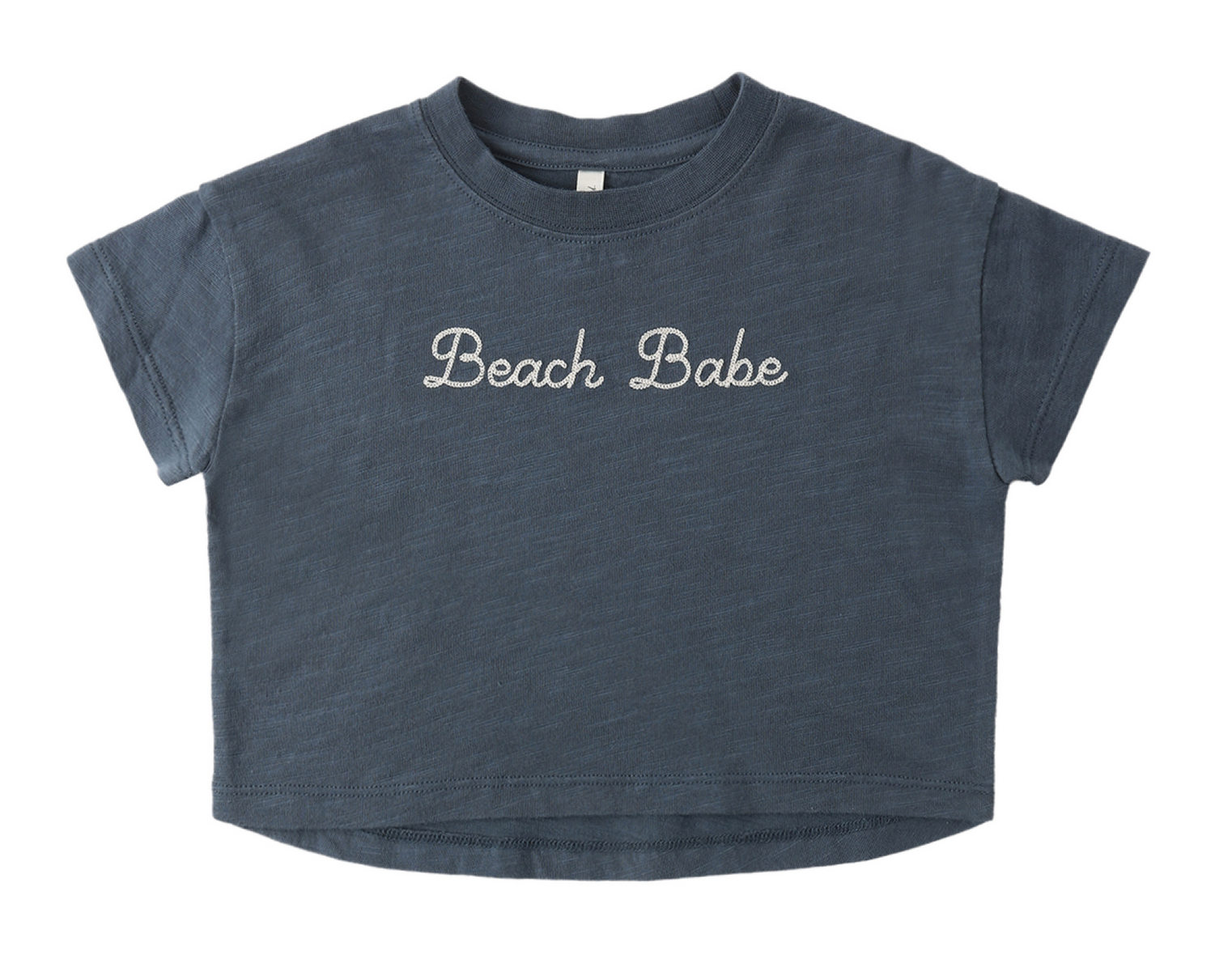 The Rylee & Cru Baby Girls' and Girls' Boxy Tee is a navy blue, short-sleeve crop top with "Beach Babe" embroidered in white on the front.