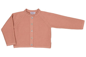 The Kidiwi Baby Girls' and Girls' Ariel Wool Cardigan in light pink features long sleeves, a round neckline, and five front buttons—perfect for fall and winter. Displayed on a white background.