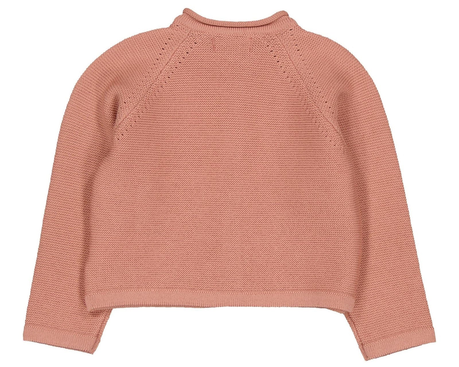 The Kidiwi Ariel Wool Cardigan for baby girls and girls is shown from the back in light pink with long sleeves against a white background—ideal for cozy fall and winter knit style.