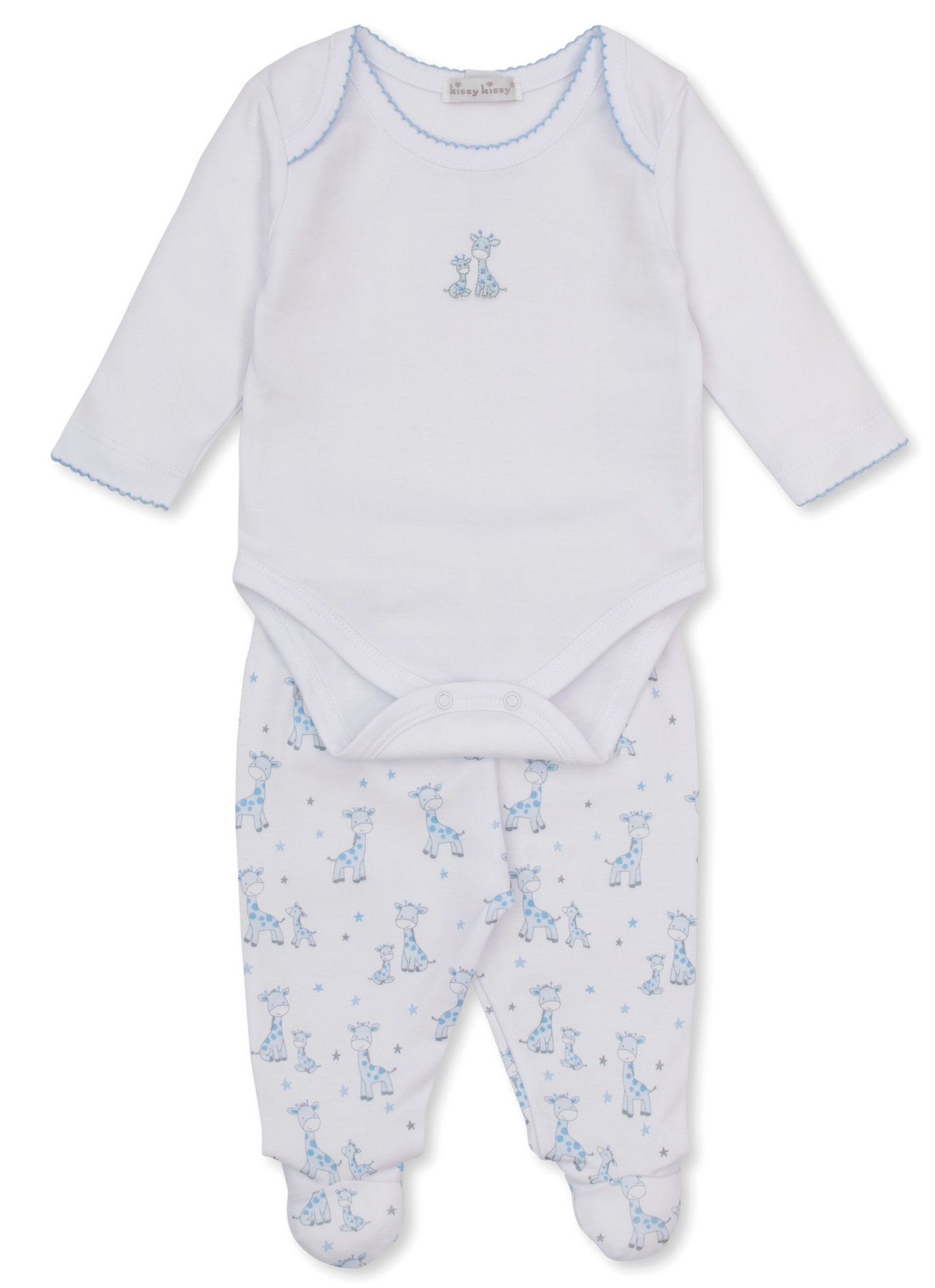 Dress your little one in the Kissy Kissy Baby Just Giraffes Footed Pant Set, featuring a white long-sleeve bodysuit with a charming giraffe print and coordinating footed pants decorated with an all-over blue giraffe pattern.
