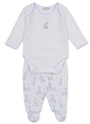 Dress your little one in the Kissy Kissy Baby Just Giraffes Footed Pant Set, featuring a white long-sleeve bodysuit with a charming giraffe print and coordinating footed pants decorated with an all-over blue giraffe pattern.