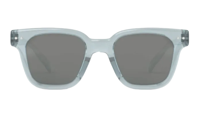 A pair of IZIPIZI Kids’ Road Polarized Sunglasses featuring rectangular, stylish clear plastic frames and dark tinted lenses with UV protection, displayed against a white background.