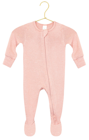 Lou Lou & Company Baby Girls’ Piper Plush Knit Zipper Footie in light pink, made from cozy, silky-soft fabric with long sleeves and covered feet, is displayed on a hanger against a white background.