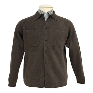 The Alan Paine Ashcroft Knit Polo is styled beneath a brown button-up shirt jacket with two chest pockets, shown on a mannequin for a sharp, modern look.