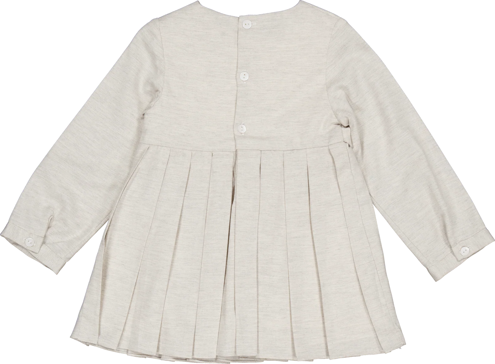 The Girls' Ashley Organic Cotton Twill Dress by Kidiwi is a cream-colored, long-sleeve children's dress with pleats and back buttons, shown from the back.