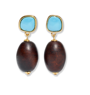 The Olea Earrings by Lizzie Fortunato feature gold-plated settings with imitation turquoise stones above large oval dark brown beads, shown on a white background.