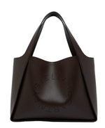 The Stella McCartney Logo Embossed Tote Bag is a spacious, dark brown vegan accessory featuring two handles and a perforated circular logo on the front, crafted from embossed grainy Alter Mat for a sophisticated appeal.