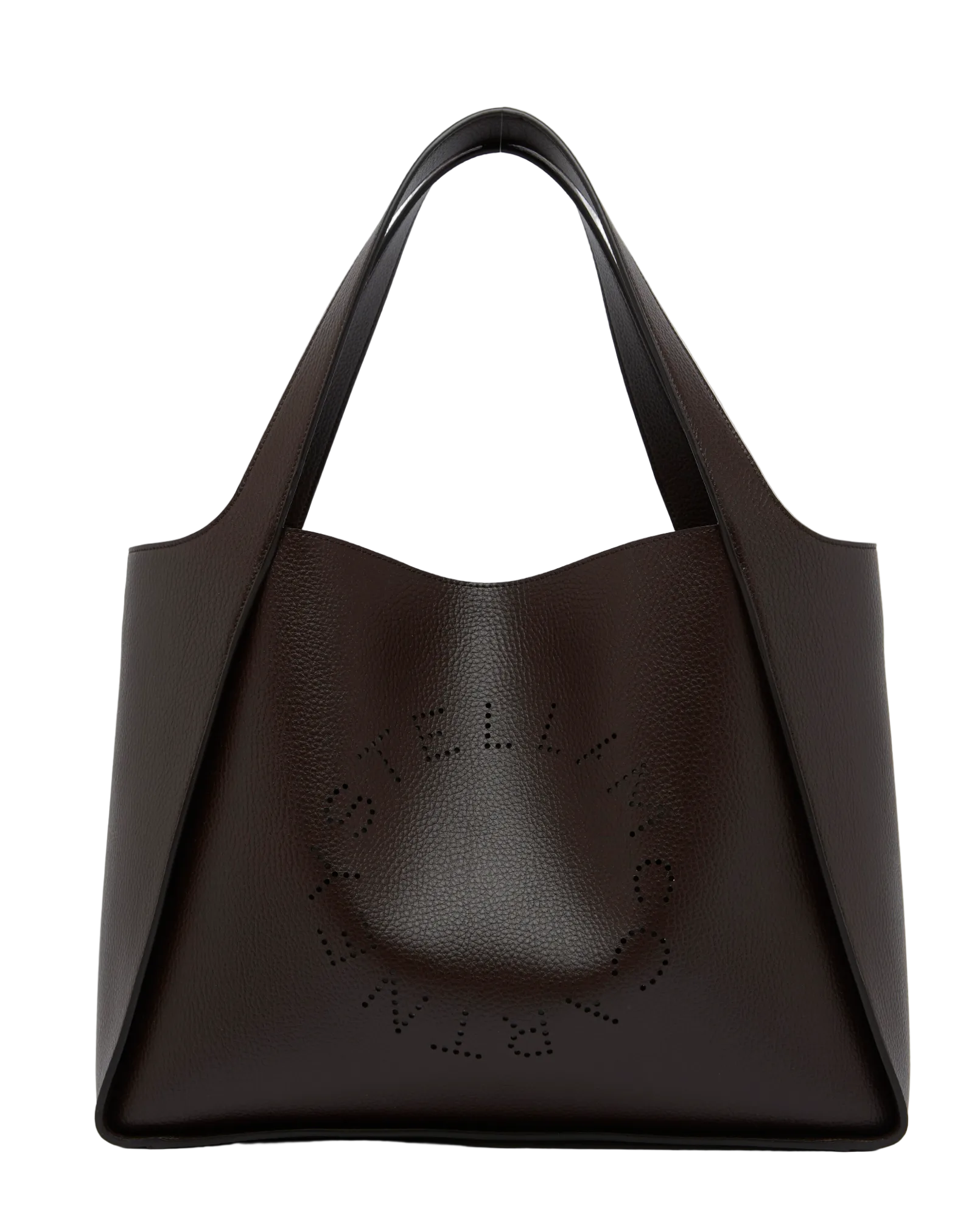 The Stella McCartney Logo Embossed Tote Bag is a spacious, dark brown vegan accessory featuring two handles and a perforated circular logo on the front, crafted from embossed grainy Alter Mat for a sophisticated appeal.