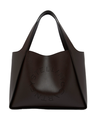 The Stella McCartney Logo Embossed Tote Bag is a spacious, dark brown vegan accessory featuring two handles and a perforated circular logo on the front, crafted from embossed grainy Alter Mat for a sophisticated appeal.