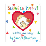 Cover of "Snuggle Puppy!" by Simon & Schuster, showing Snuggle Puppy with parent inside a red heart—this adorable rhyming book by Sandra Boynton celebrates love and cuddles.