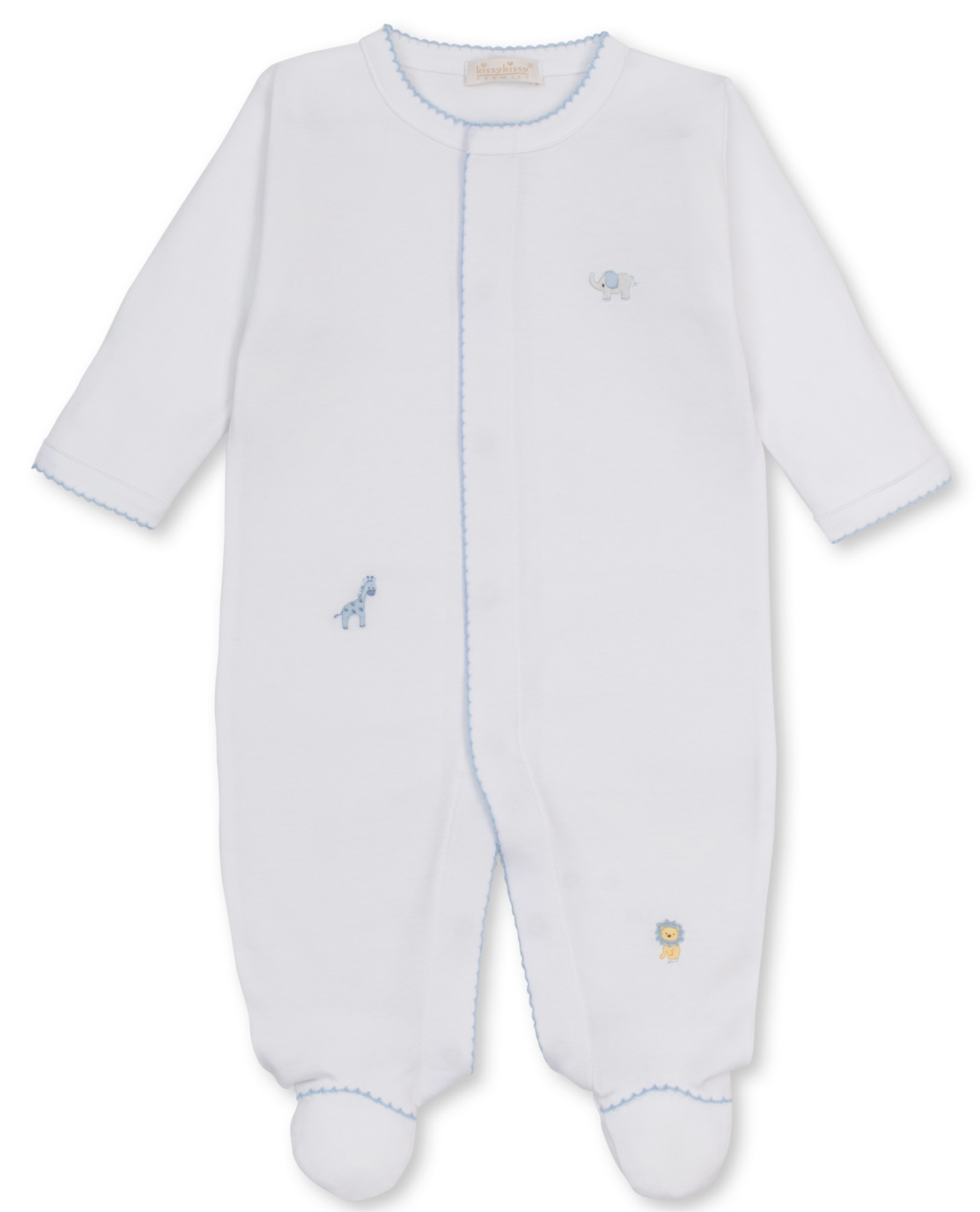 Introducing the Kissy Kissy Baby SCE Jungle Hang Out Footie—a white baby footed onesie made from ultra-soft Peruvian cotton. Featuring long sleeves, delicate blue edging, and charming hand-embroidered jungle animals (elephant, giraffe, lion) on the chest and legs, this cozy footie combines comfort and adorable style for your little one.