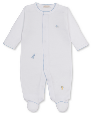 Introducing the Kissy Kissy Baby SCE Jungle Hang Out Footie—a white baby footed onesie made from ultra-soft Peruvian cotton. Featuring long sleeves, delicate blue edging, and charming hand-embroidered jungle animals (elephant, giraffe, lion) on the chest and legs, this cozy footie combines comfort and adorable style for your little one.