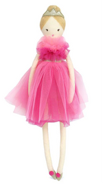 Mon Ami Princess Sophia Doll: This delightful soft doll features a blonde bun, a shimmering silver crown, and a lovely pink tulle dress. Standing upright against a white background, she’s perfect for sparking imaginative play.