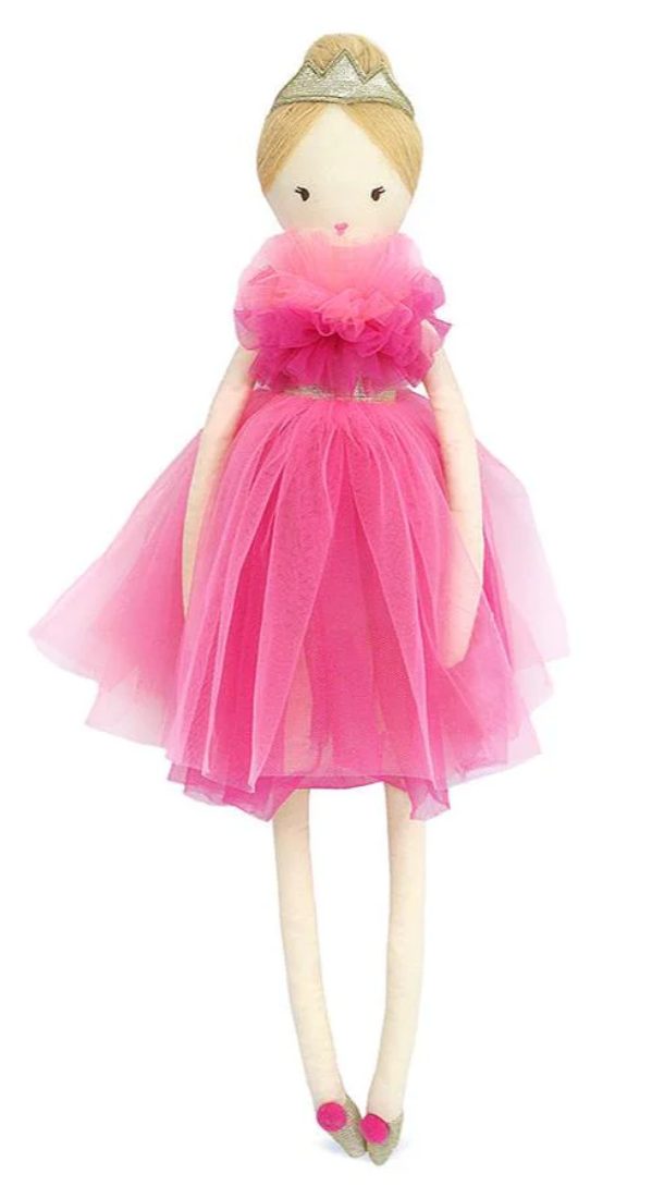 Mon Ami Princess Sophia Doll: This delightful soft doll features a blonde bun, a shimmering silver crown, and a lovely pink tulle dress. Standing upright against a white background, she’s perfect for sparking imaginative play.