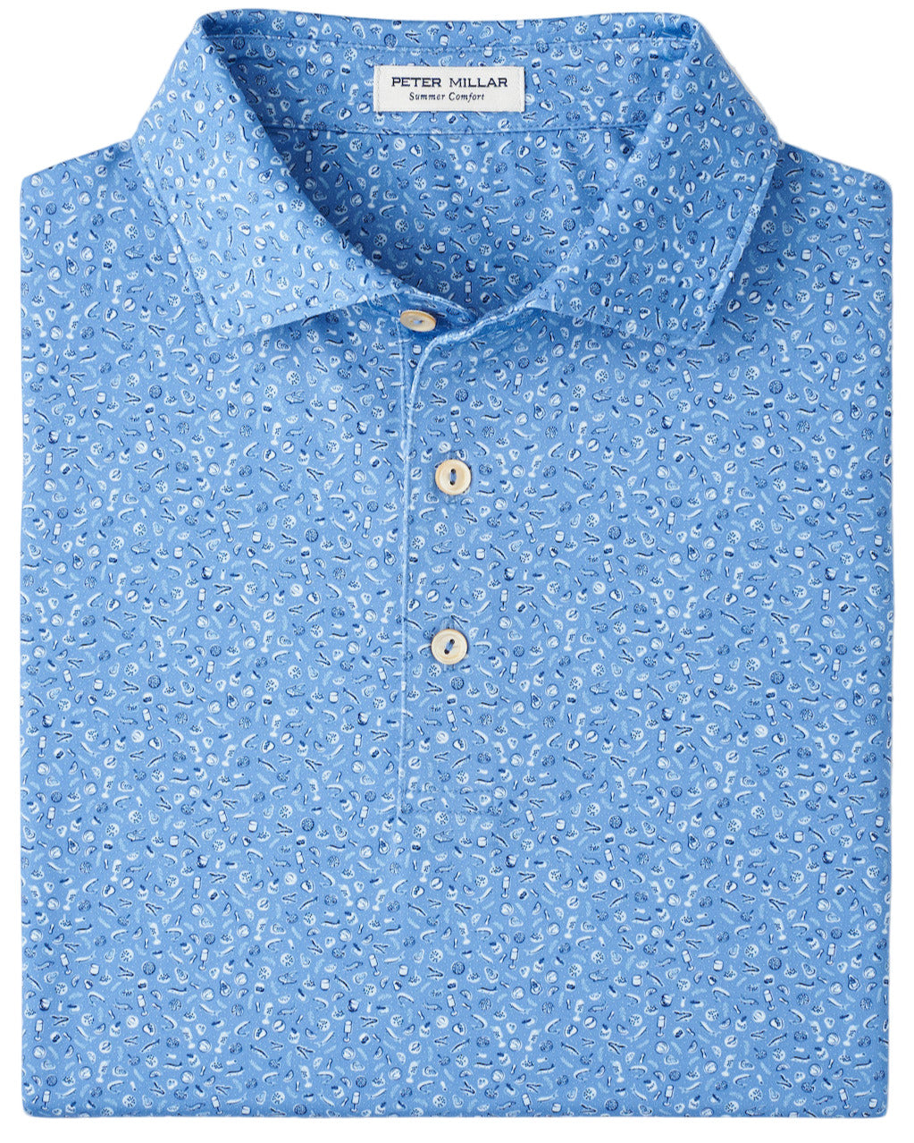 The Champagne and Caviar Performance Jersey Polo by Peter Millar is a light blue, short-sleeve polo with a small white paisley pattern, three buttons, four-way stretch, UPF 50+ protection, and an inside collar label.