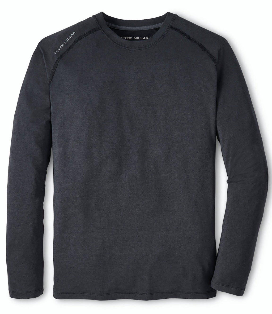 Long-sleeve, dark gray Peter Millar Performance T-Shirt with visible seams and a moisture-wicking Peter Millar logo on the left shoulder displayed on a plain background.