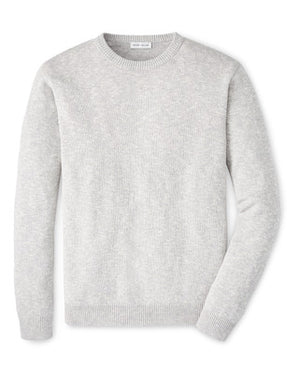 The Peter Millar Montauk Crewneck Sweater is a lightweight, long-sleeve sweater in plain light gray, shown laid flat on a white background. It offers stylish comfort, ideal for everyday wear.