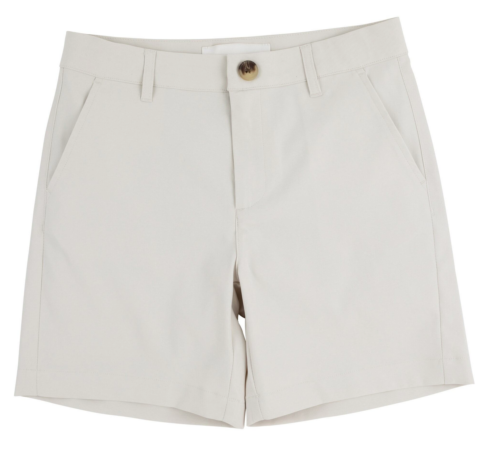 A pair of Boys' Prepletic™ Charlie's Chinos shorts from The Beaufort Bonnet Company in light beige, featuring belt loops, front pockets, a button closure, and performance fabric, laid flat on a white background.