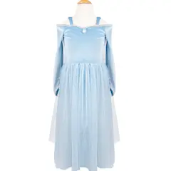 The Velvety Soft Princess Gown by Great Pretenders features light blue velvet, long sleeves, elegant off-the-shoulder straps, and a gathered skirt, shown here on a child-size dress form.