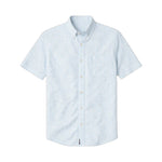 Introducing the Faherty SS Breeze Shirt, a light blue short-sleeve button-up featuring a button-down collar and single chest pocket. Expertly crafted from lightweight linen for breathable comfort, shown here against a white background.